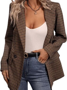 Checked Brown Houndstooth Blazer Jacket - Women's Tailored Coat